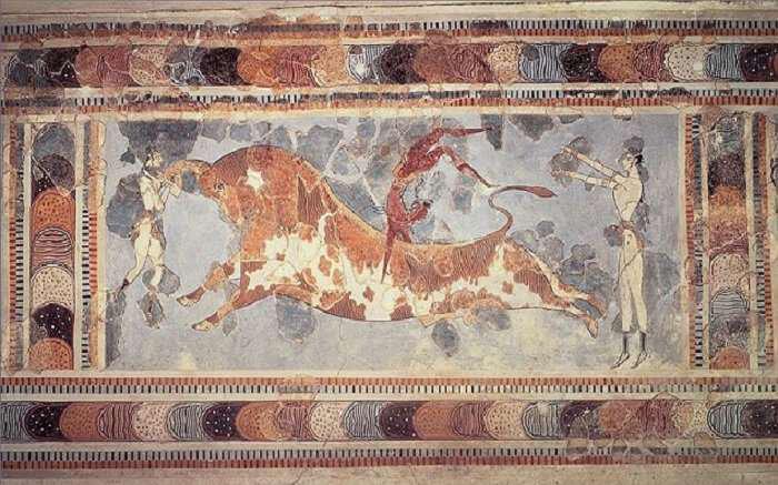 Ταυροκαθάψια (τοιχογραφία - Μέση Μινωική ΙΙΙ - Ύστερη Μινωική ΙΒ περίοδος (17ος-15ος αιώνας π.κ.χ ), Κνωσός